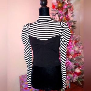 Zara Mock Neck Cropped Black White Striped Puff Long Sleeve